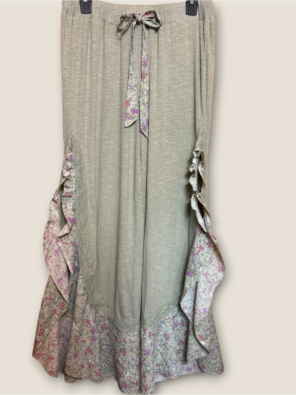 Boho Olive Green Whimsical Floral Flowy Ruffle Wide-Leg Pants with Side Slit